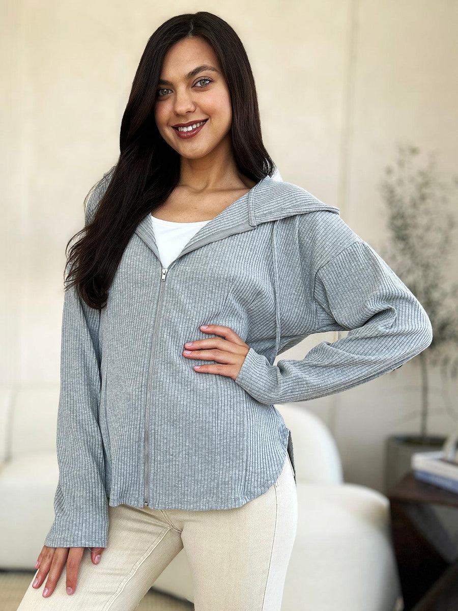 Culture Code Full Size Ribbed Zip Up Drawstring Hooded Jacket - Three Mad Hatters Mercantile 