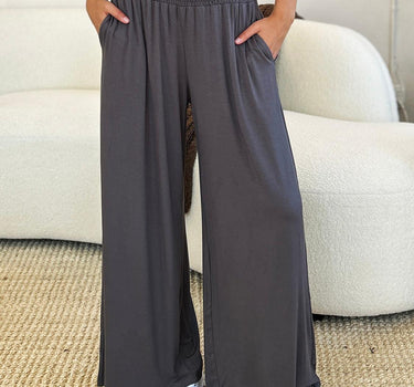 Double Take Full Size Smocked Wide Waistband Wide Leg Pants