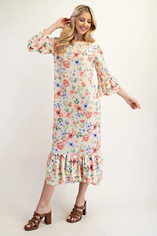 Celeste Soft Floral Ruffle Trim Dress Plus Size Womens Midi Dress