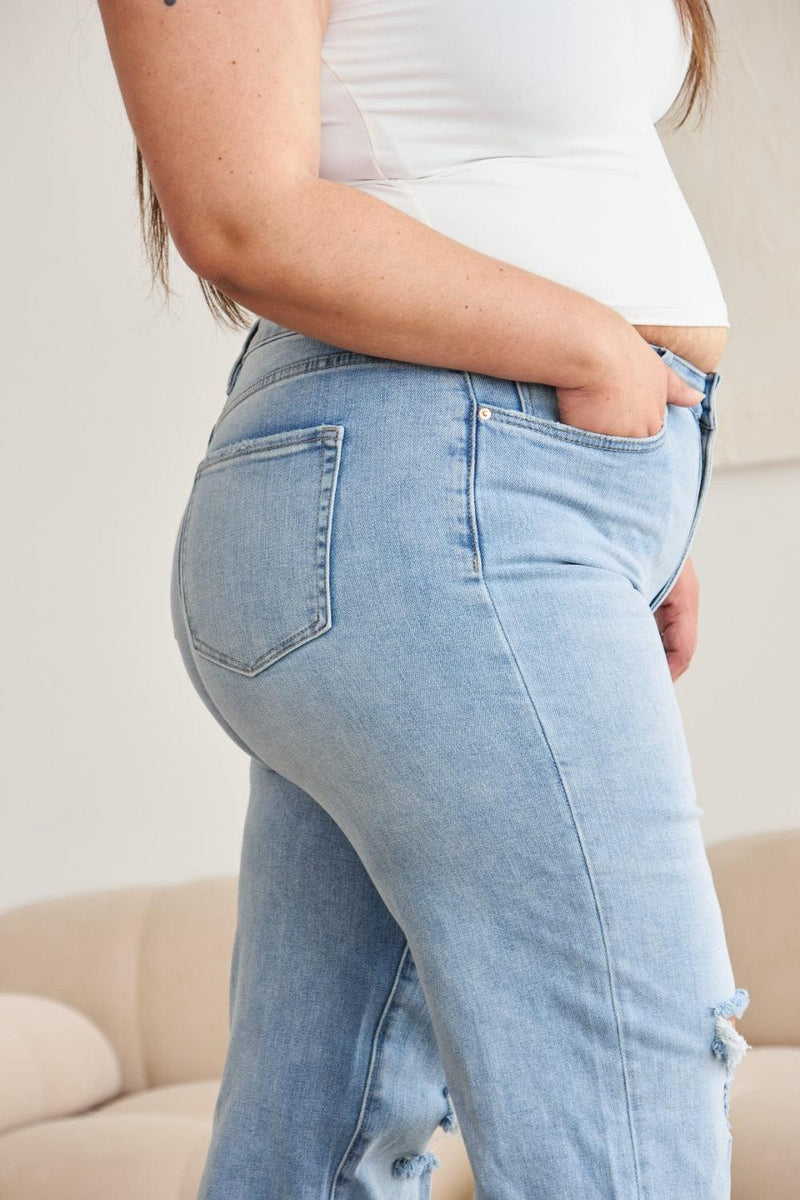 RFM Tummy Control High Waist Raw Hem Distressed Jeans - Three Mad Hatters Mercantile 