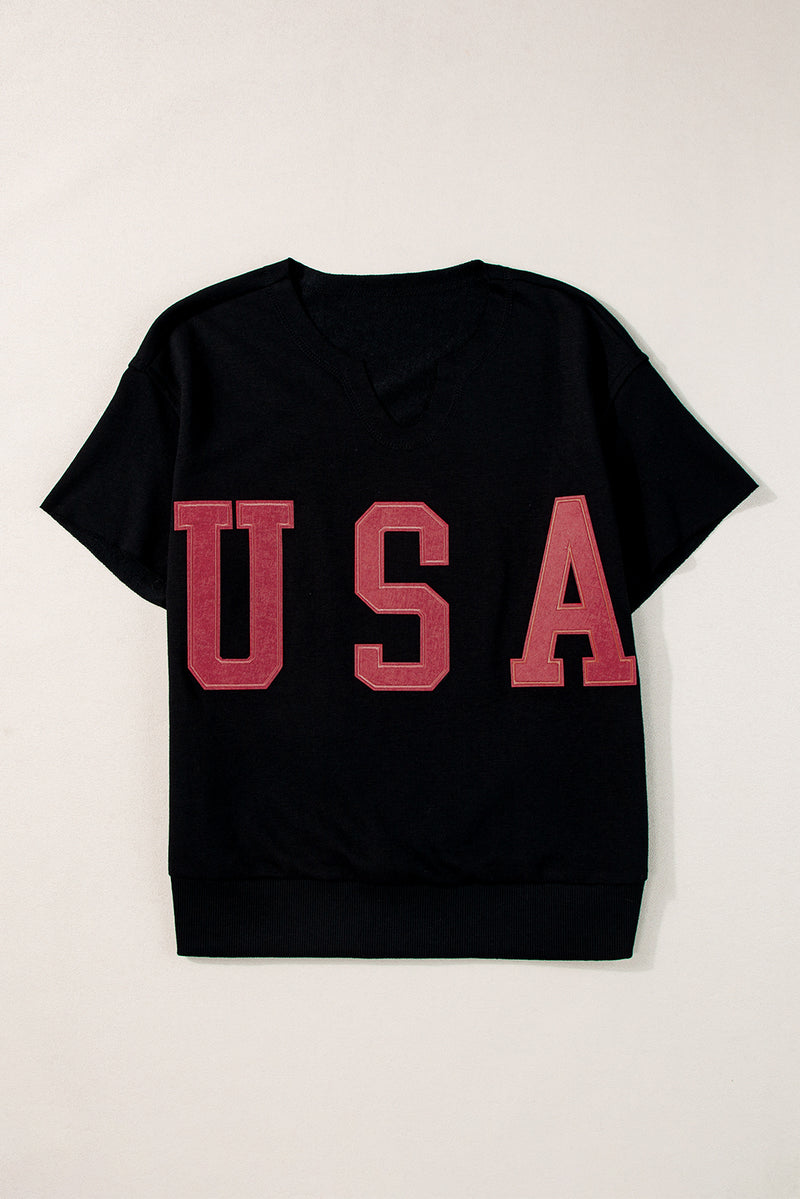 USA Notched Short Sleeve T-Shirt Womens Tops Black S 