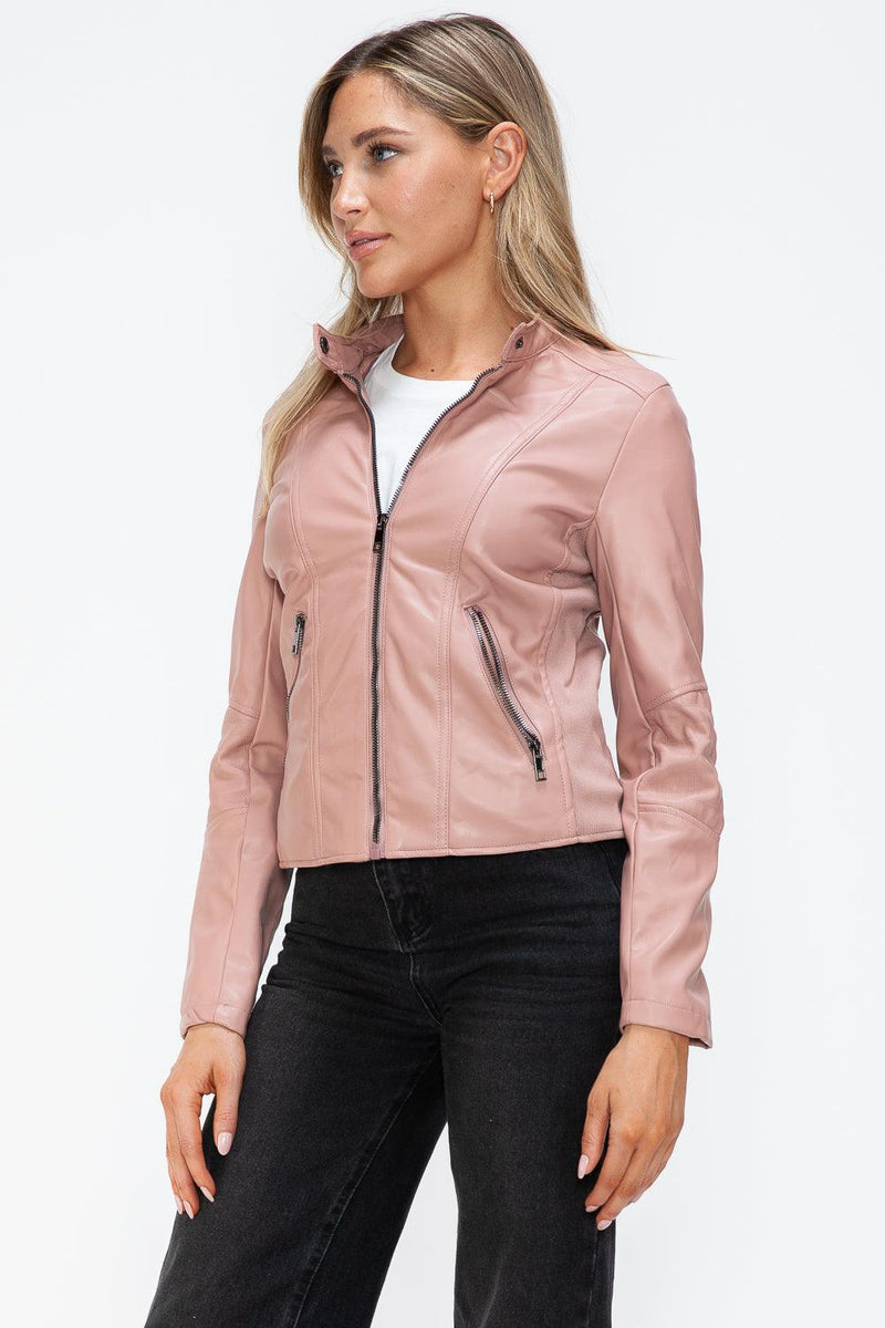 Snobbish Faux Leather Zip Up Drawstring Hooded Jacket - Three Mad Hatters Mercantile 