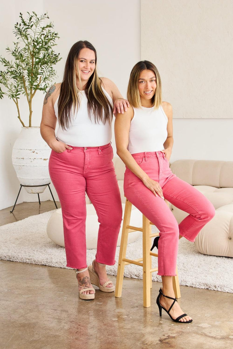 RFM Crop Dylan Tummy Control High Waist Raw Hem Jeans - Three Mad Hatters Mercantile 