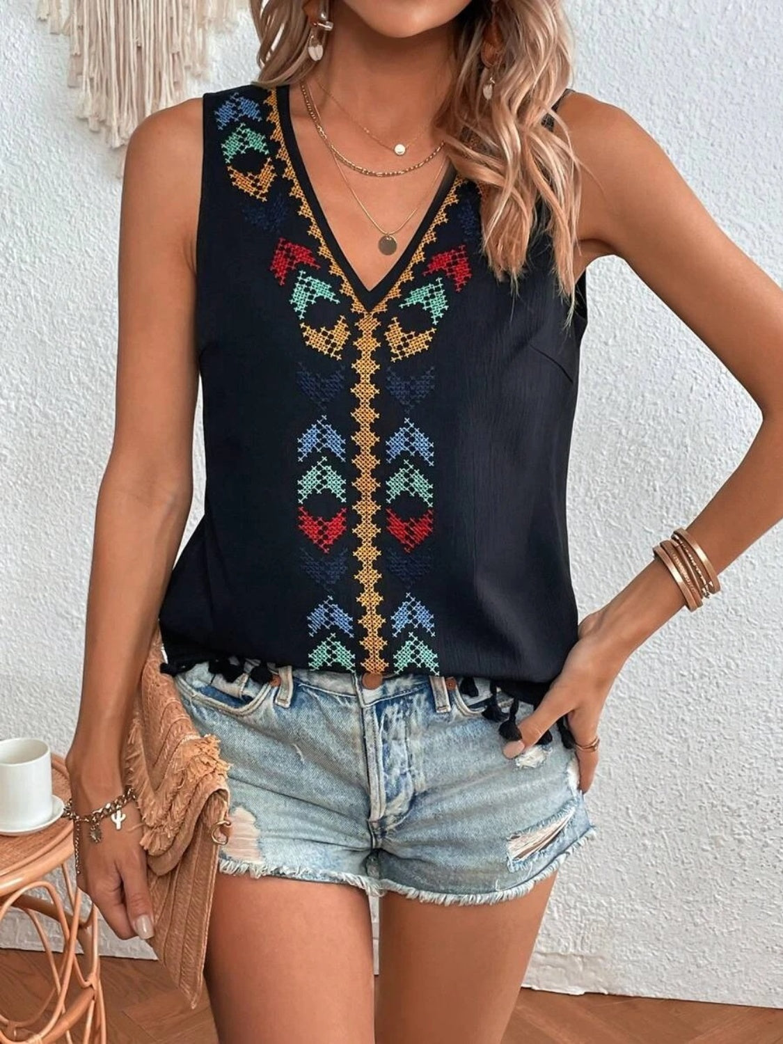 Printed V-Neck Tank w Tassels Womens Tank Tops Black S 