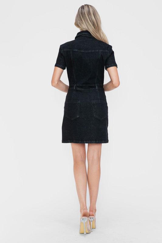 Bytos Embellished Button Down Short Sleeve Denim Dress - Three Mad Hatters Mercantile 