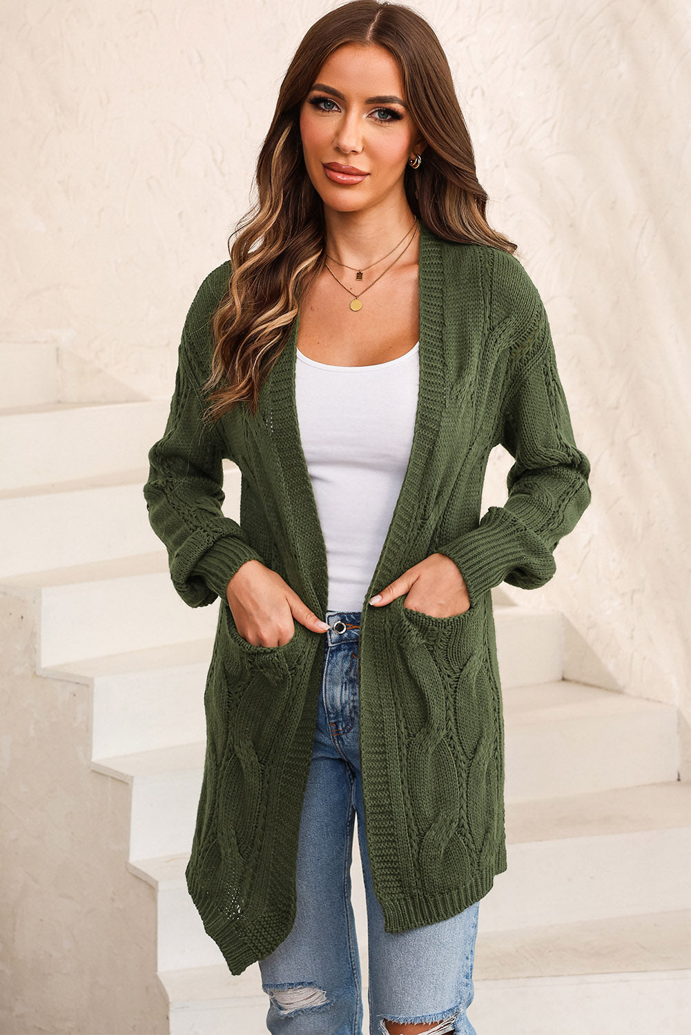 Cable-Knit Dropped Shoulder Cardigan Cardigan Moss 2XL 