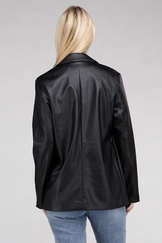 Sleek Pu Leather Blazer with Front Closure Blazer   