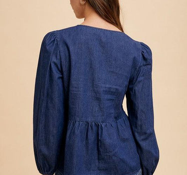 Annie Wear Tie Front Peplum Long Sleeve Denim Top
