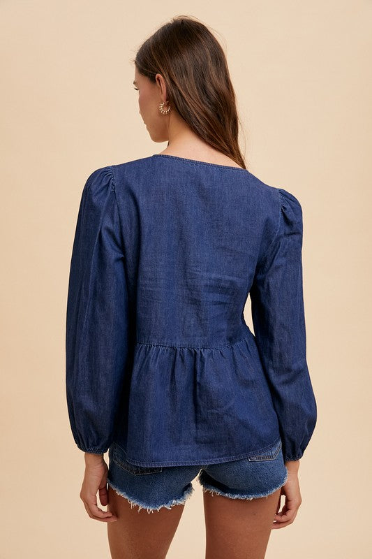 Annie Wear Tie Front Peplum Long Sleeve Denim Top Womens Tie Front Long Sleeve Denim Top