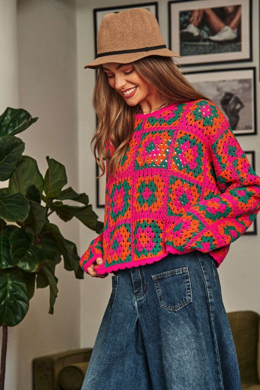 Crochet Patchwork Round Neck Pullover Sweater Top Sweater   