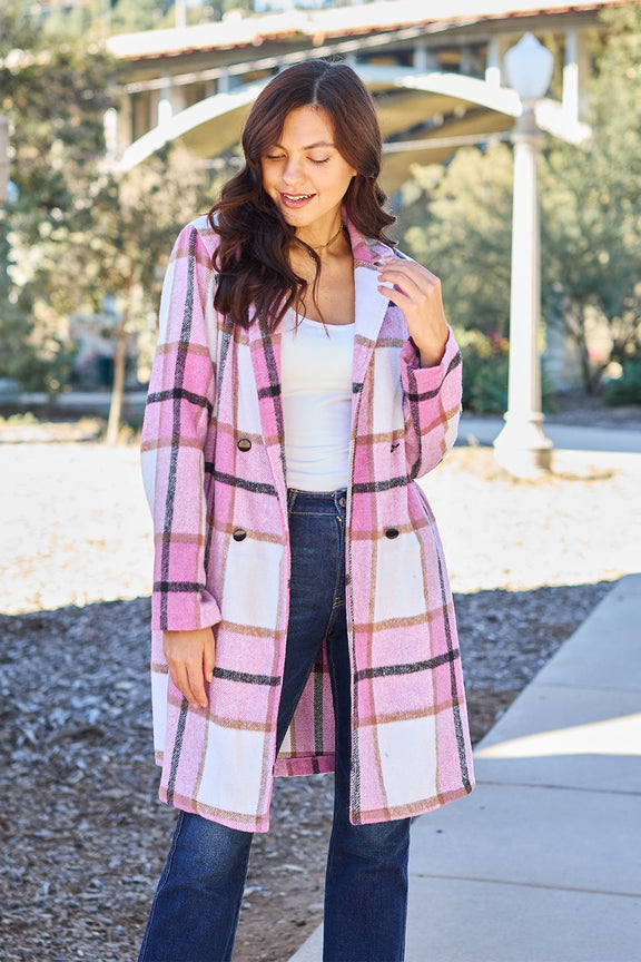 Double Take Plaid Button Up Lapel Collar Coat Womens Plaid Lapel Collar Coat Carnation Pink S