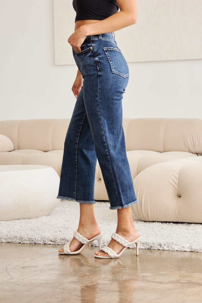 RFM Tummy Control High Waist Raw Hem Jeans Denim   