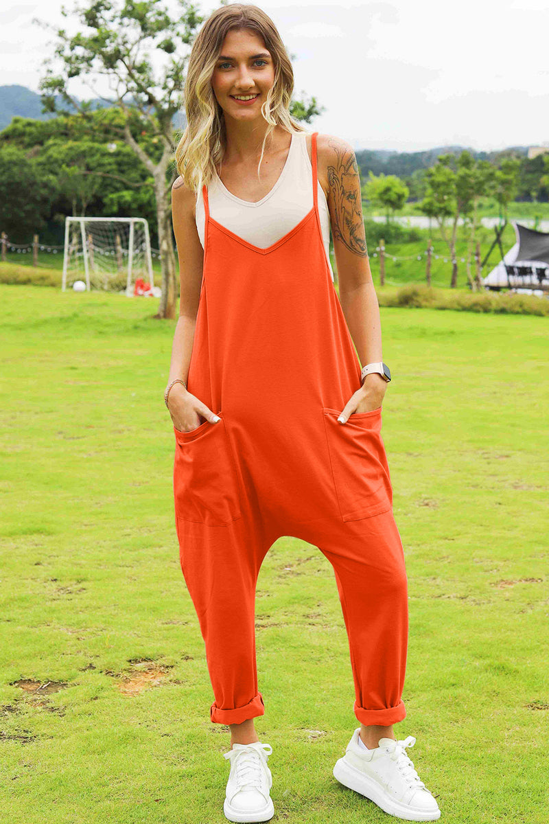 Double Take Full Size Sleeveless V-Neck Pocketed Jumpsuit Womens Overalls Orange S 