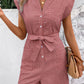 Striped Notched Tie Waist Romper  Dusty Pink S 