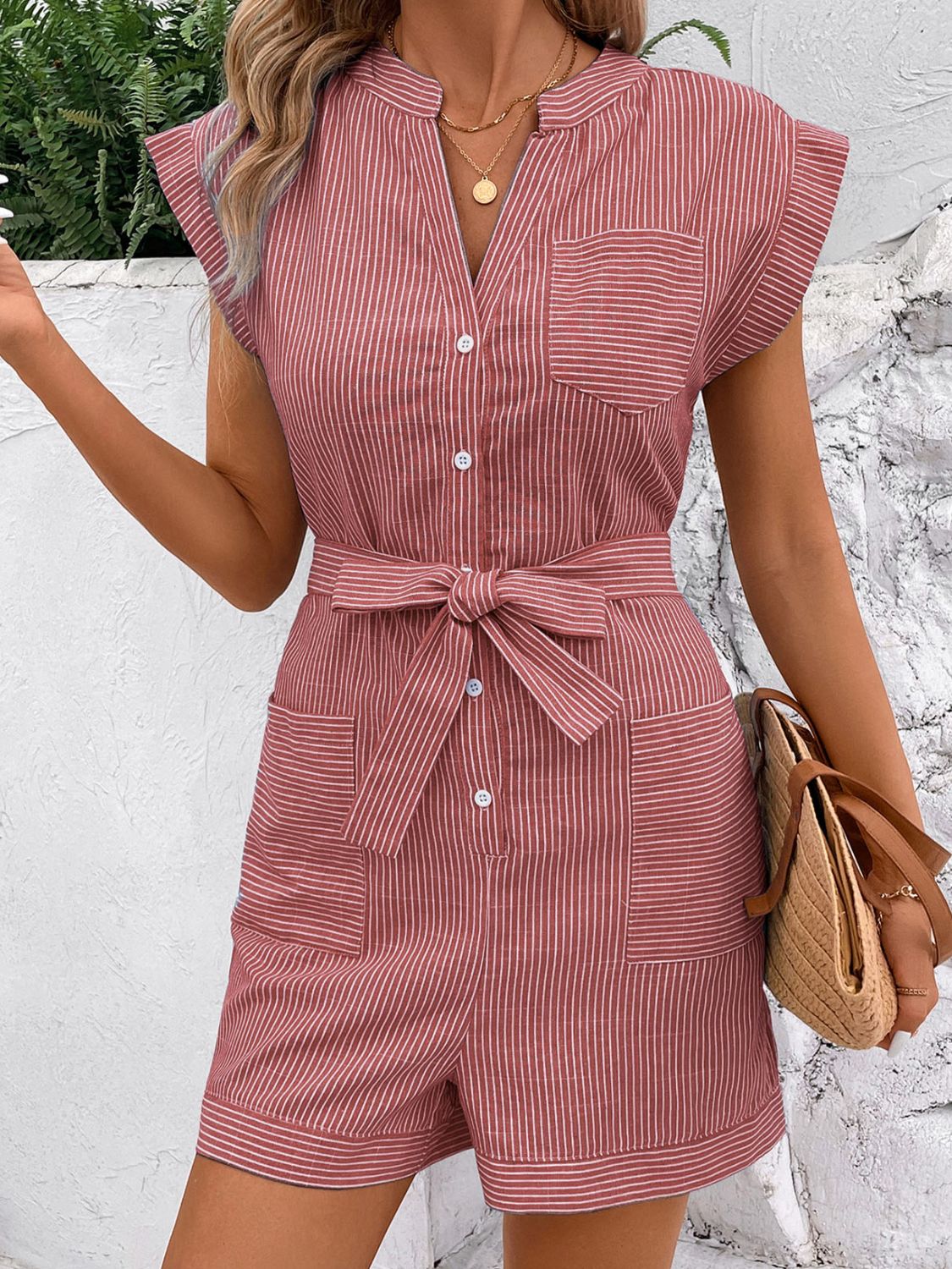 Striped Notched Tie Waist Romper  Dusty Pink S 