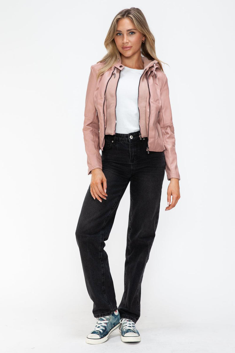 Snobbish Faux Leather Zip Up Drawstring Hooded Jacket - Three Mad Hatters Mercantile 