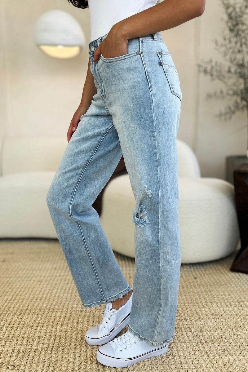 Judy Blue Full Size High Waist Distressed Straight Jeans - Three Mad Hatters Mercantile 