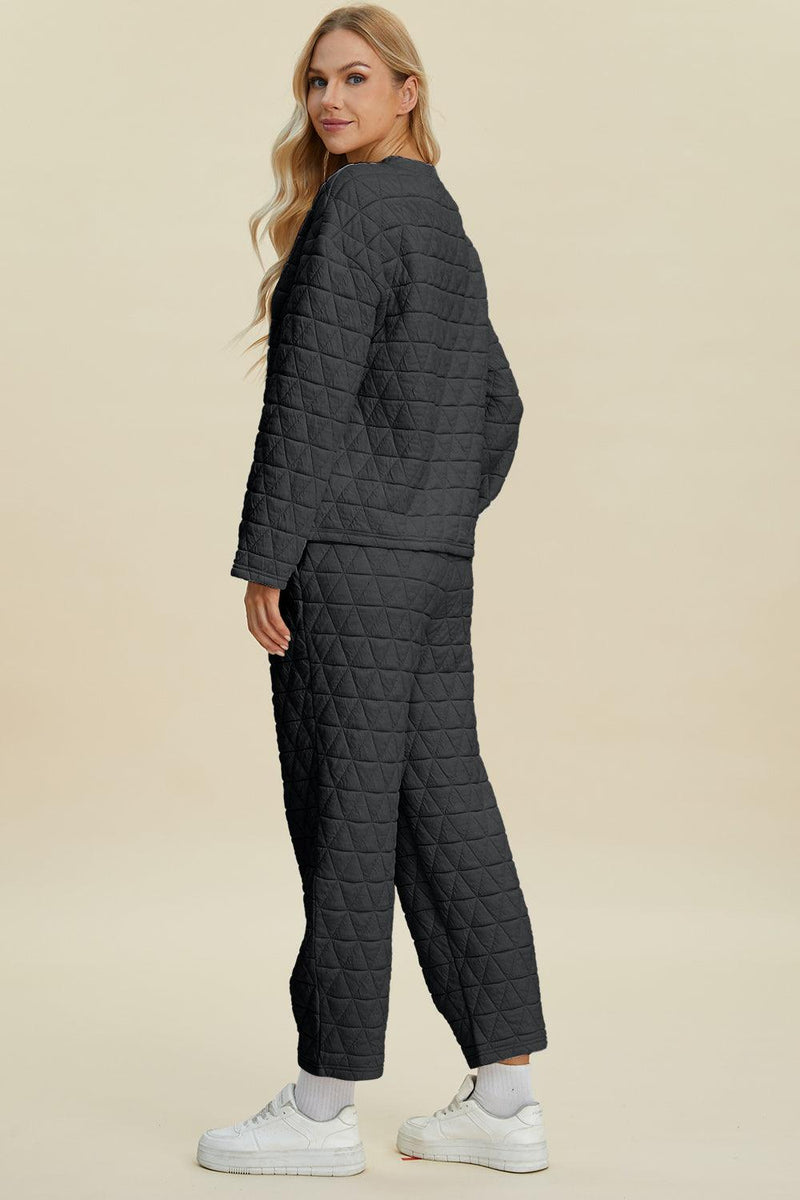 Double Take Textured Long Sleeve Top and Pants Set - Three Mad Hatters Mercantile 