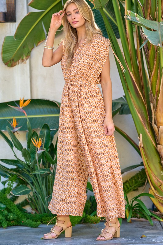 Printed V-Neck Sleeveless Jumpsuit Jumpsuit   