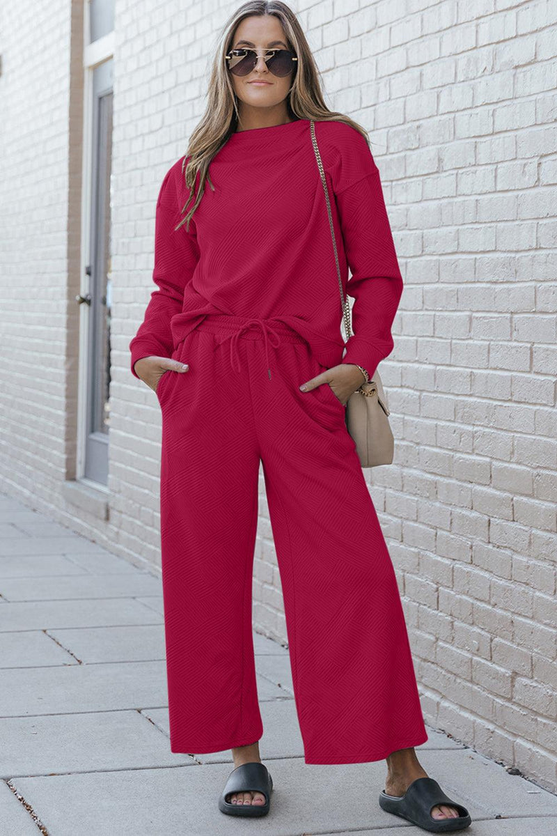 Double Take Full Size Textured Long Sleeve Top and Drawstring Pants Set - Three Mad Hatters Mercantile 