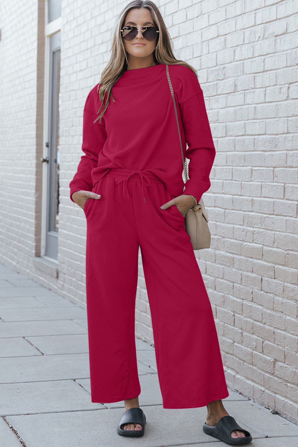 Double Take Full Size Textured Long Sleeve Top and Drawstring Pants Set Activewear Set Cerise 3XL 