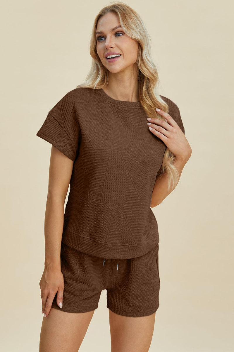 Double Take Full Size Texture Short Sleeve Top and Shorts Set - Three Mad Hatters Mercantile 