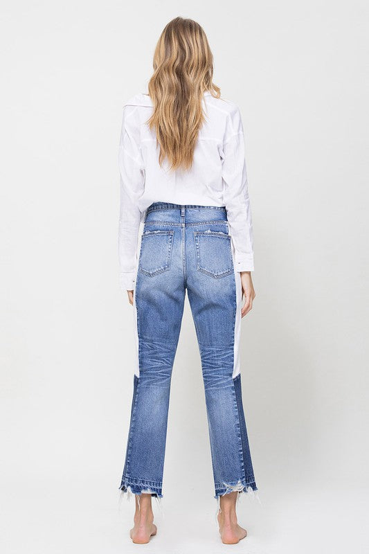 Super HIgh RIse Straight W/Side Blocking Panel Straight Leg Jeans   