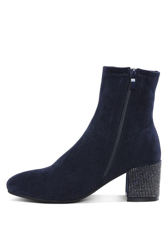Chena Rhinestones Embellished Block Heel Boots - Three Mad Hatters Mercantile 