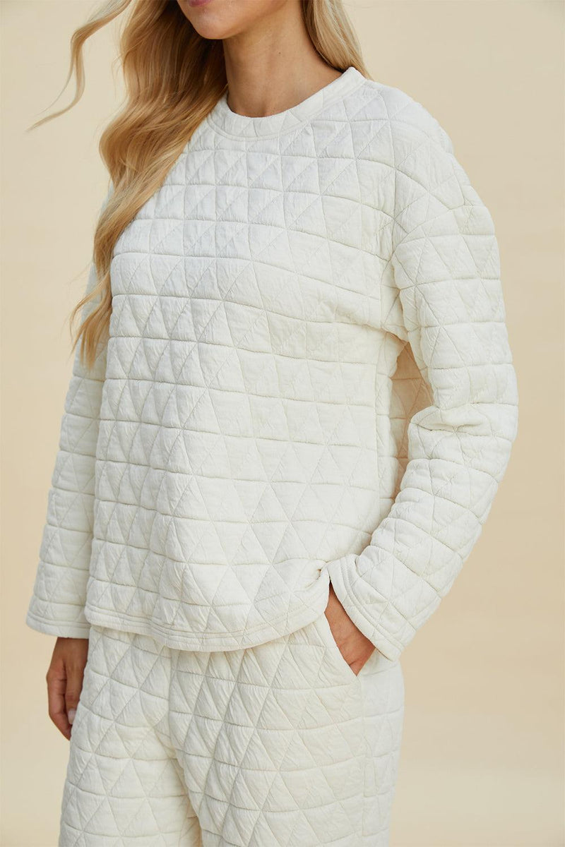 Double Take Textured Long Sleeve Top and Pants Set - Three Mad Hatters Mercantile 