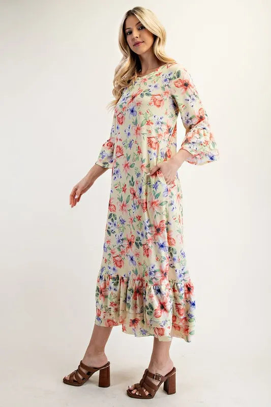 Celeste Soft Floral Ruffle Trim Dress Plus Size Womens Midi Dress