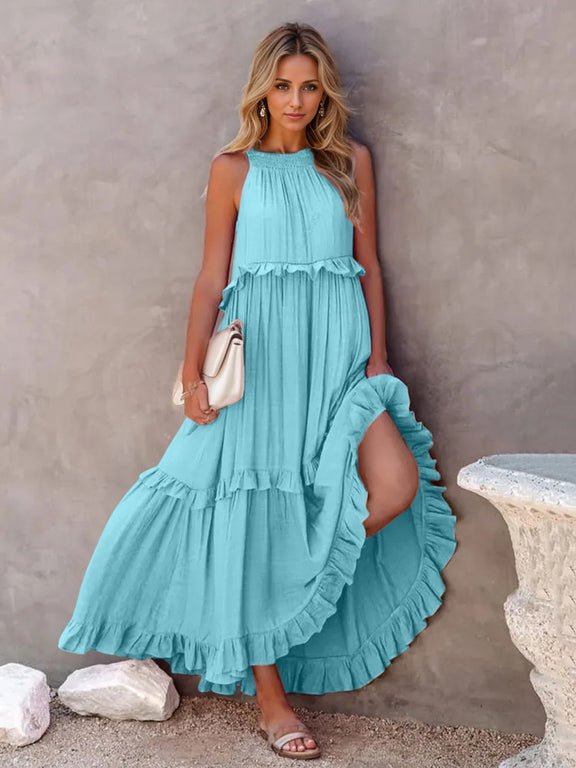 Ruffled Sleeveless Tiered Maxi Dress with Pockets  Sky Blue S 