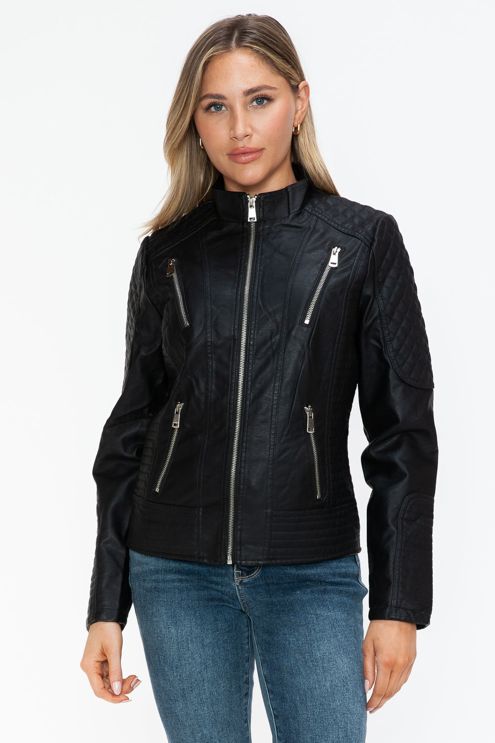 Snobbish Faux Leather Zip Up Mock Neck Jacket Womens Jacket