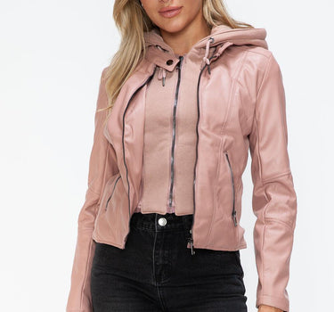 Snobbish Faux Leather Zip Up Drawstring Hooded Jacket