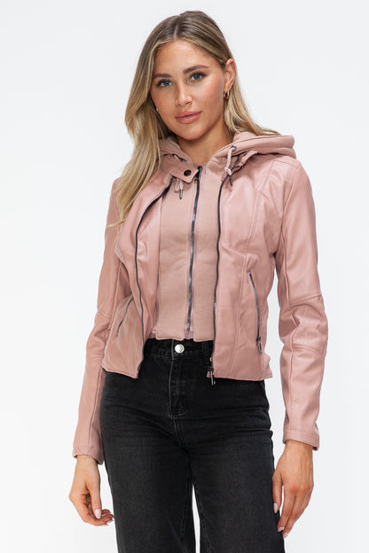 Snobbish Faux Leather Zip Up Drawstring Hooded Jacket Womens Jacket Mauve S