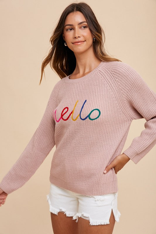 Annie Wear HELLO Embroidered Raglan Sleeve Sweater Womens Sweater