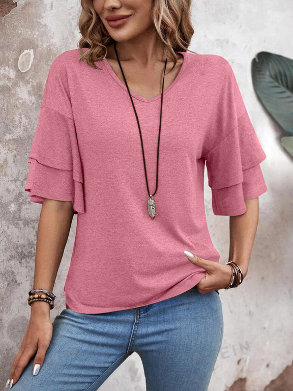 V-Neck Half Sleeve Blouse Womens Tops   