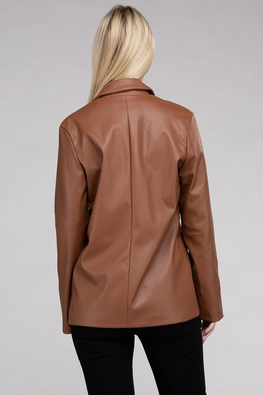 Sleek Pu Leather Blazer with Front Closure Blazer   