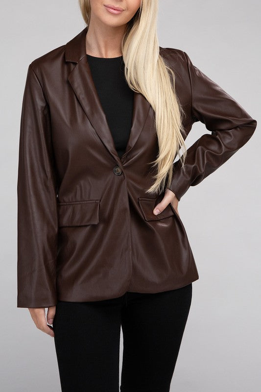 Sleek Pu Leather Blazer with Front Closure Blazer Coffee S 