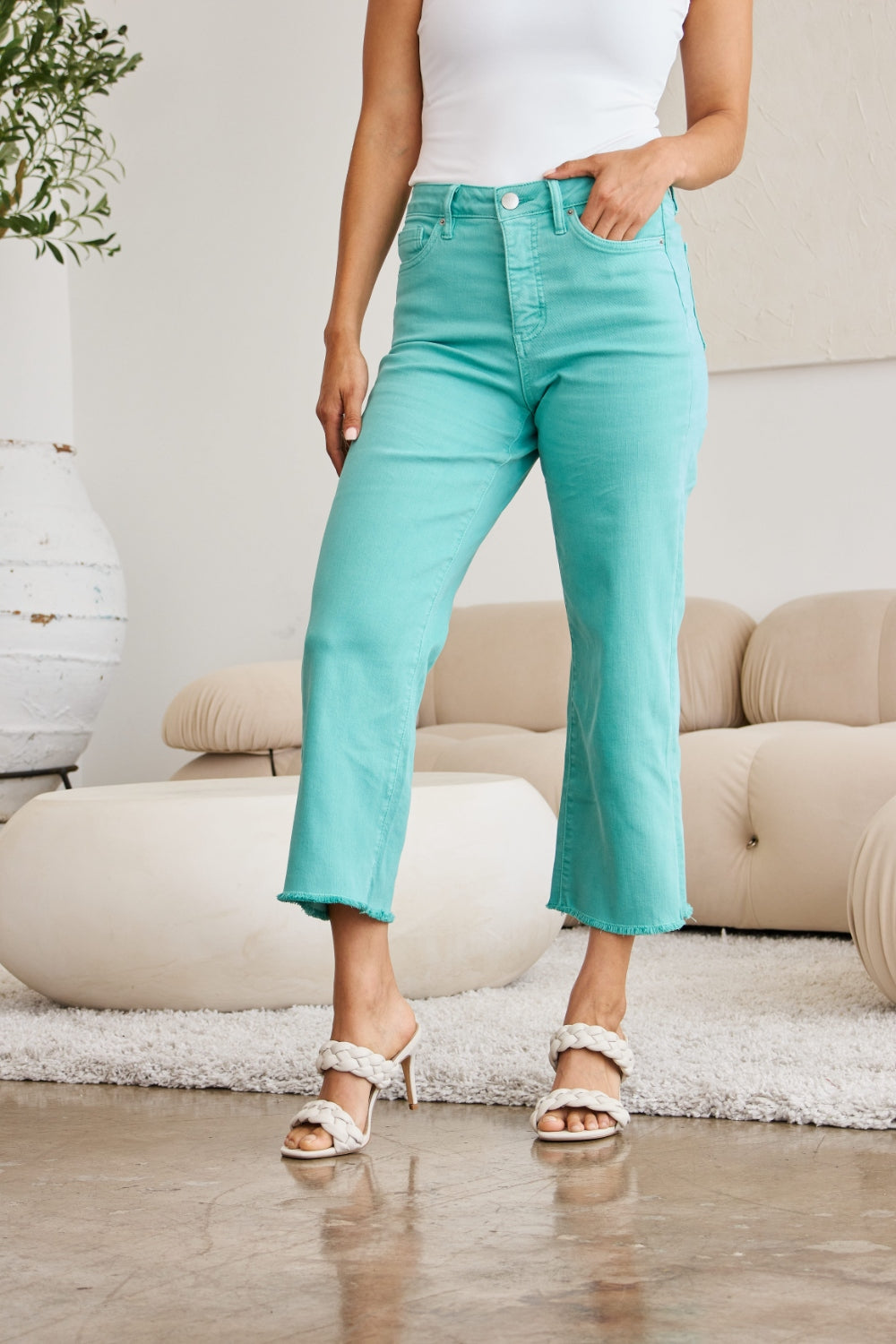 RFM Crop Chloe Tummy Control High Waist Raw Hem Jeans Denim   