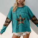 Double Take Drawstring Plaid Star Patch Long Sleeve Hoodie