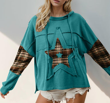 Double Take Drawstring Plaid Star Patch Long Sleeve Hoodie