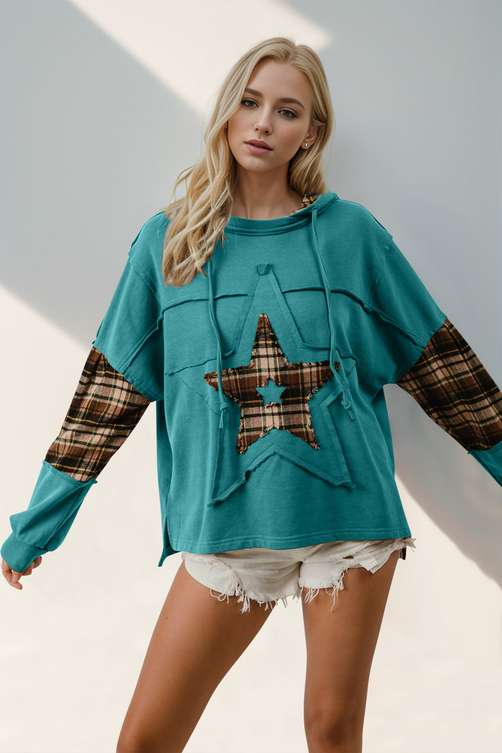 Double Take Drawstring Plaid Star Patch Long Sleeve Hoodie womens hoodie Teal S