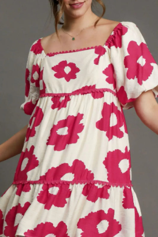 Umgee Contrast Floral Short Sleeve Mini Dress Plus Size Womens Mini Dress