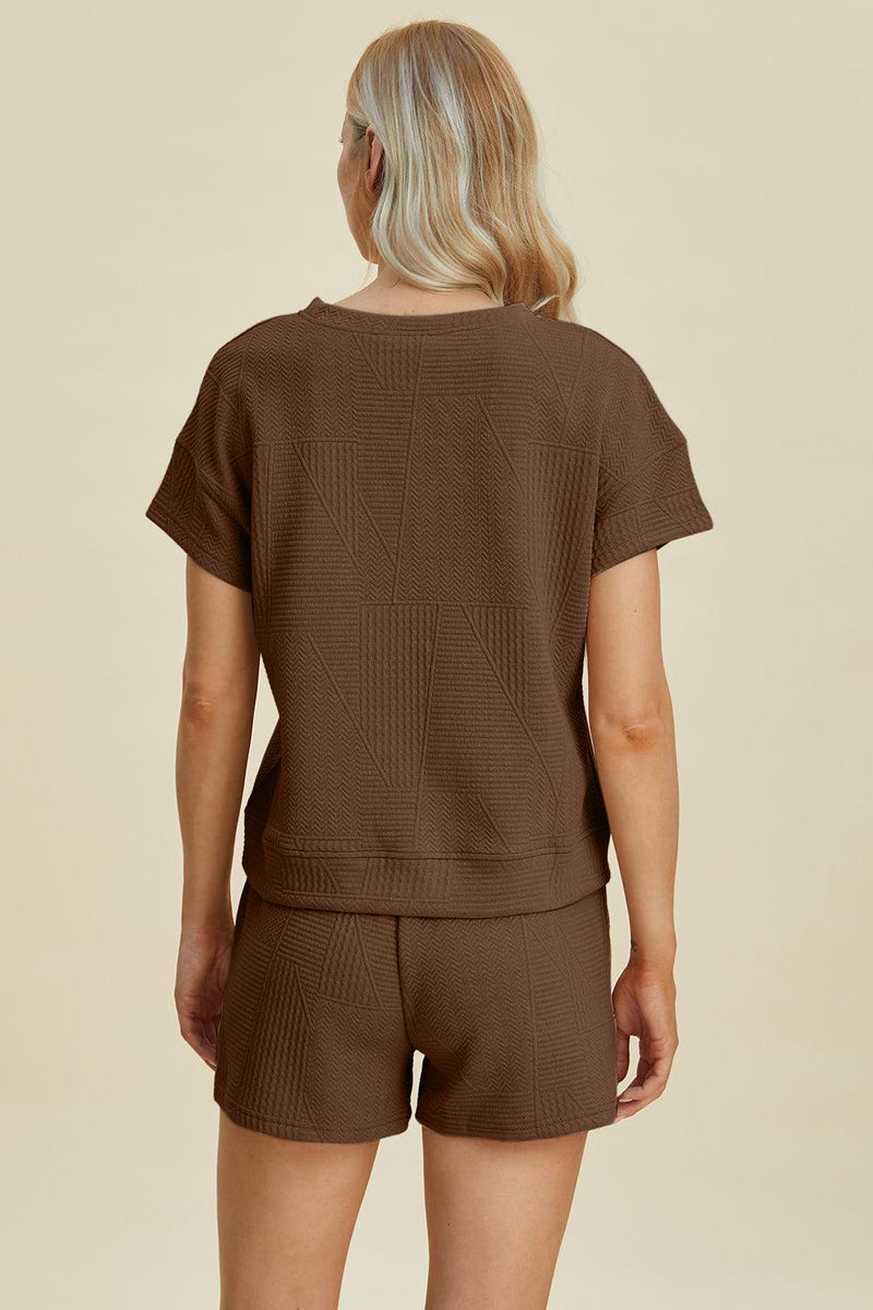 Double Take Full Size Texture Short Sleeve Top and Shorts Set - Three Mad Hatters Mercantile 