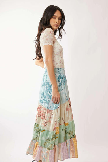 Davi & Dani Floral Mesh Mock Neck Short Sleeve Top