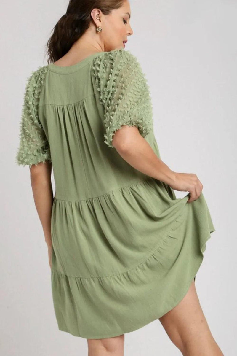 Umgee Linen Tiered A-Line Split Neck Dress Plus Size - Three Mad Hatters Mercantile 