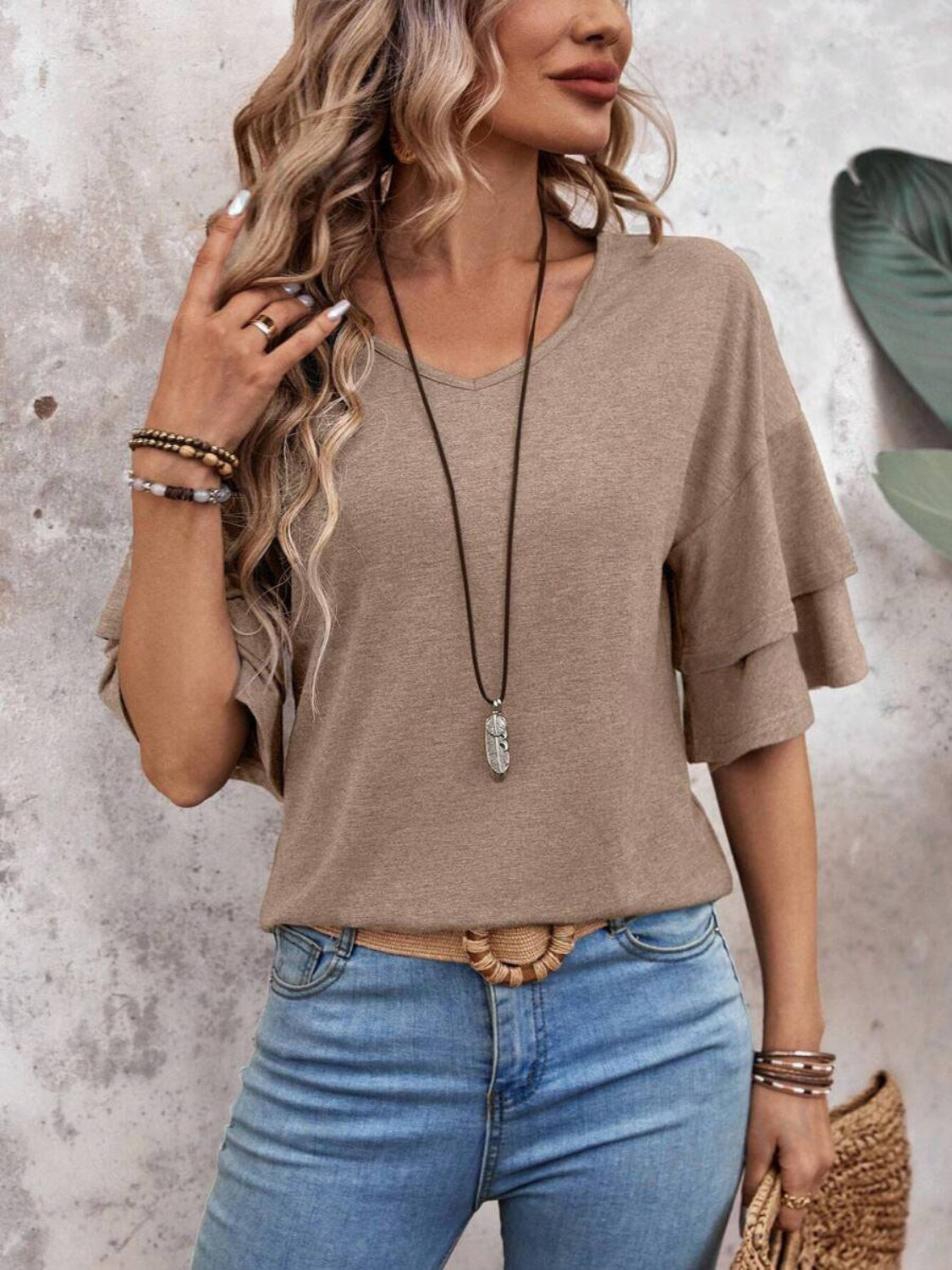 V-Neck Half Sleeve Blouse Womens Tops   