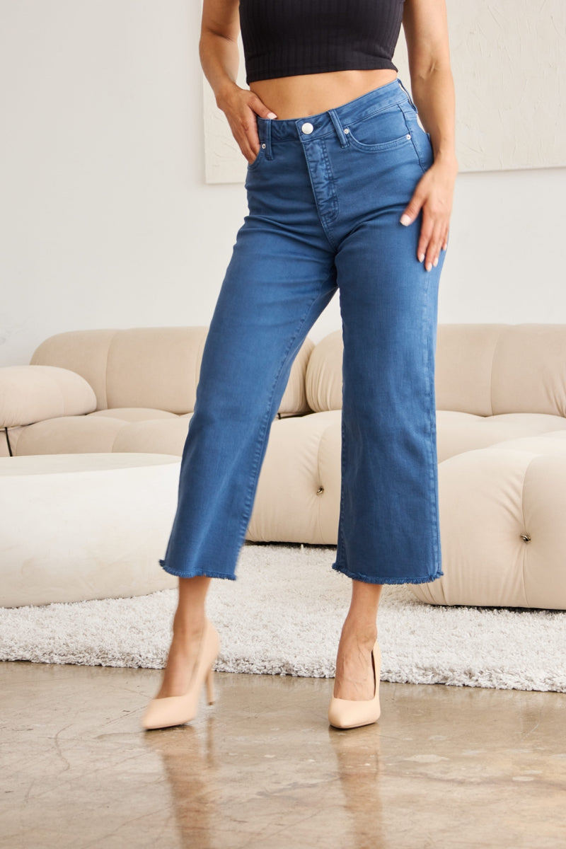 RFM Crop Chloe Tummy Control High Waist Raw Hem Jeans Denim   