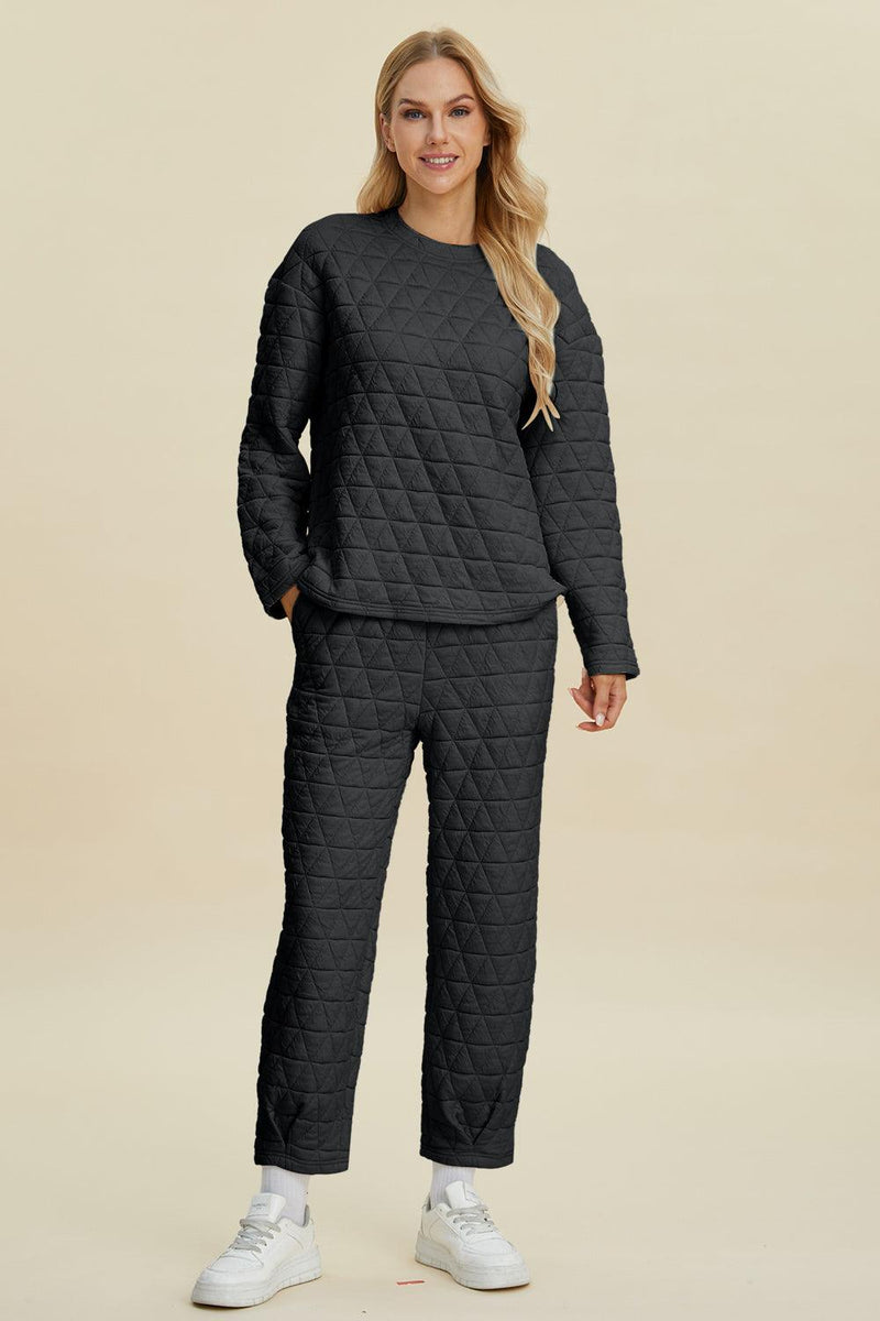 Double Take Textured Long Sleeve Top and Pants Set - Three Mad Hatters Mercantile 