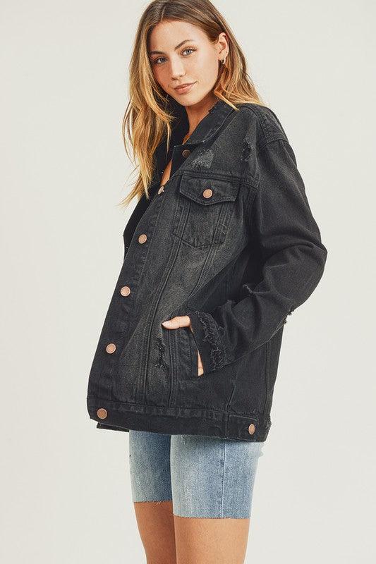RISEN Distressed Long Sleeve Denim Jacket - Three Mad Hatters Mercantile 